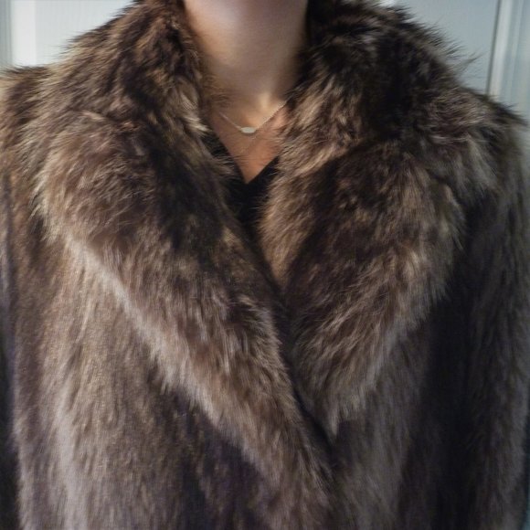 Long Racoon Real Fur Long Coat L Women Brown Gray USA Slit Ear Muffs Set - Picture 3 of 15